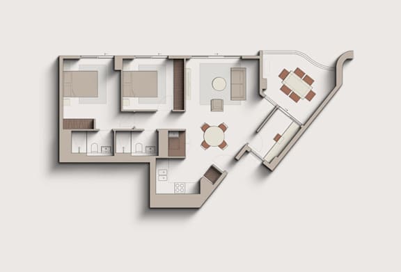 A 3D rendered image of a house layout.