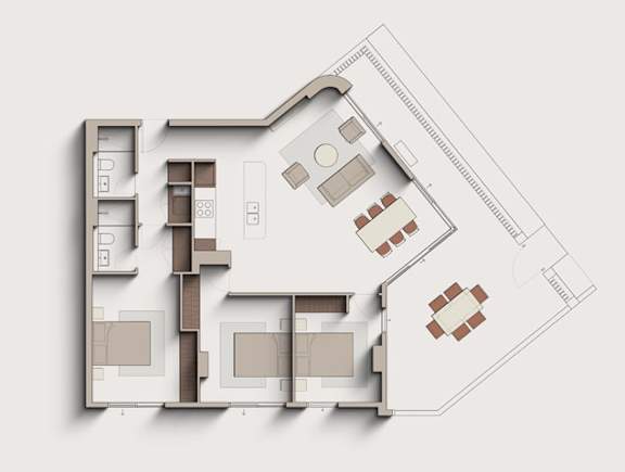 A floor plan of a house with a kitchen, living room, and two bedrooms.