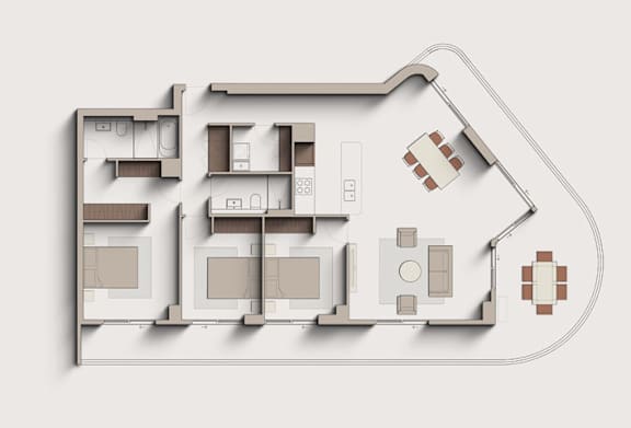 A 3D rendered image of a house layout.
