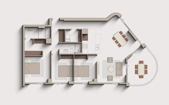 A floor plan of a house with a kitchen, living room, and two bedrooms.