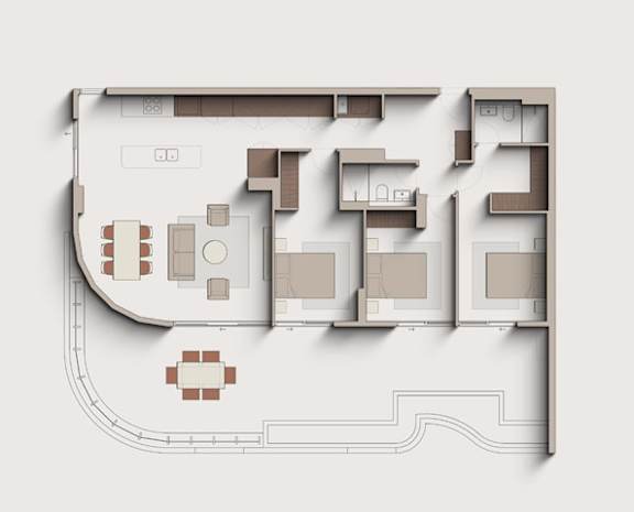A floor plan of a house with a kitchen, living room, and two bedrooms.