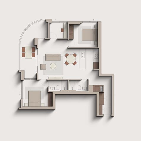 A floor plan of a house with a kitchen, living room, and two bedrooms.
