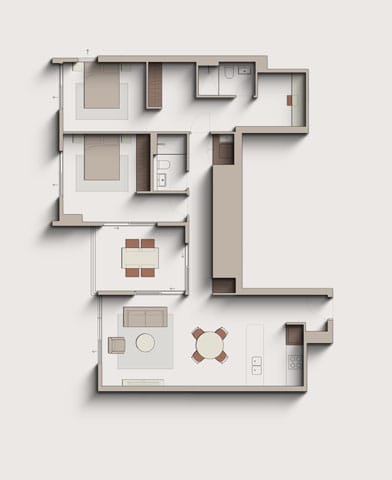 A floor plan of a house with a kitchen, living room, and two bedrooms.
