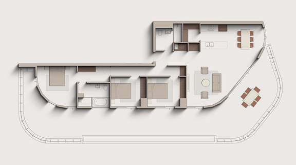 A floor plan of a building with multiple rooms and a courtyard.