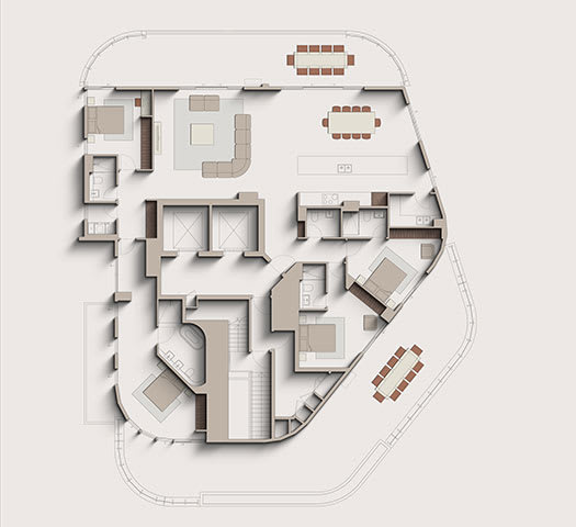 A floor plan of a building with multiple rooms and corridors.