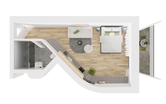 a floor plan of a bedroom with a bathroom and a living room