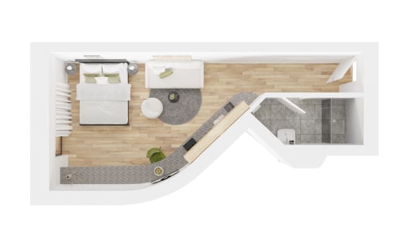 a floor plan of a bedroom with a bathroom and a living room