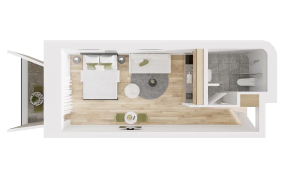 a floor plan of a small apartment with a bedroom and a living room