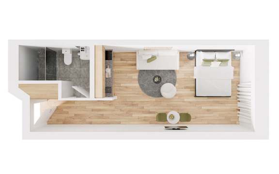 a floor plan of a bedroom with a bathroom and a living room