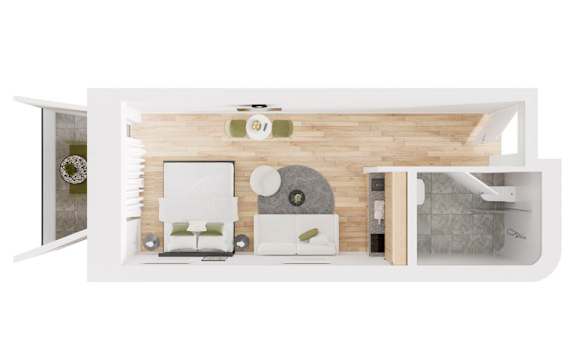 a modern house with a bathroom and a living room