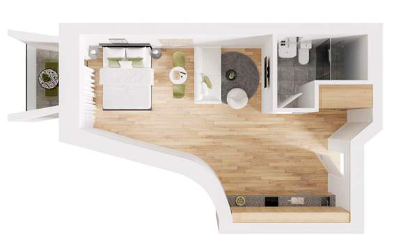 a top view of a room with a wood floor