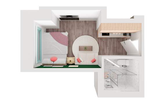 A modern interior design layout with a kitchen, living room, and bathroom.