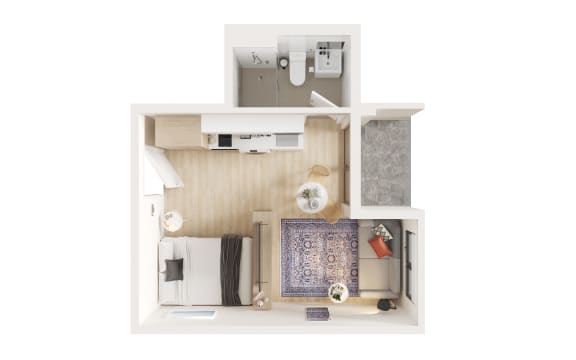 a stylized floor plan of a 1 bedroom apartment