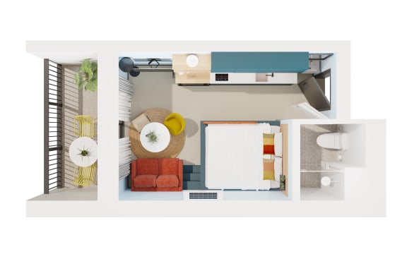 Floor Plan  a top view of a bedroom with a bathroom and a living room