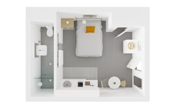 a floor plan of a bedroom with a bed and a bathroom