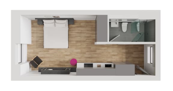 the interior of a studio apartment with a bathroom and a bedroom