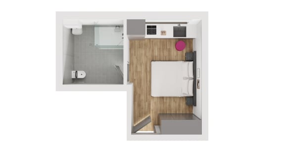 the interior of a small apartment with a bathroom and a kitchen