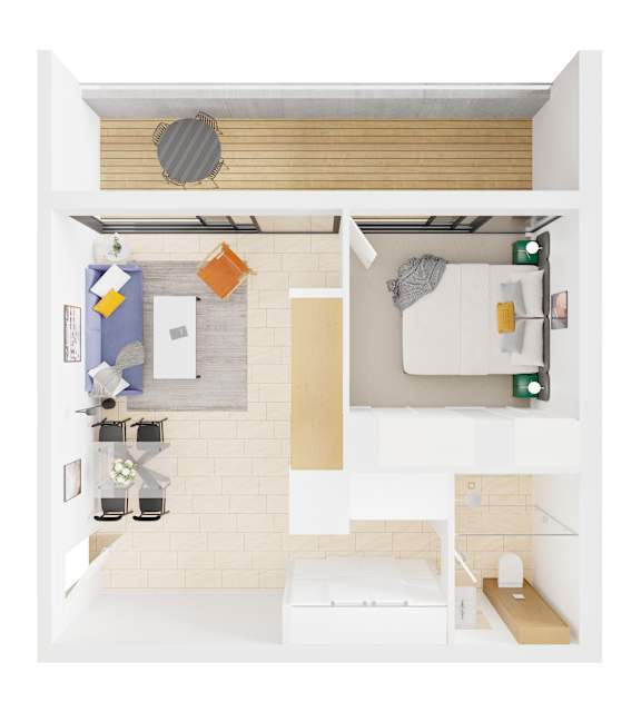 A top down view of a small apartment with a bedroom and a kitchen.