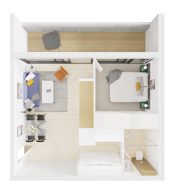 a rendering of a bedroom with a bathroom and a living room