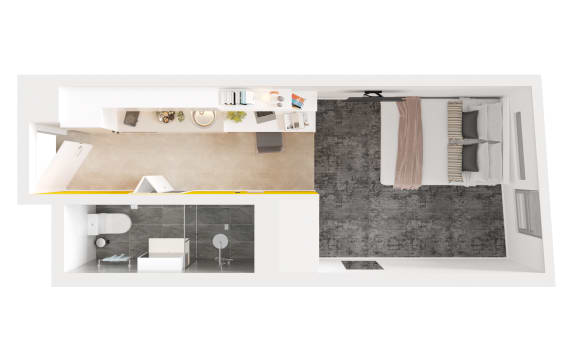 a floor plan of a small apartment with a bathroom and a bedroom