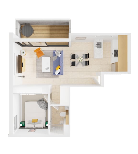 A floor plan of a small apartment with a kitchen, living room, and bathroom.