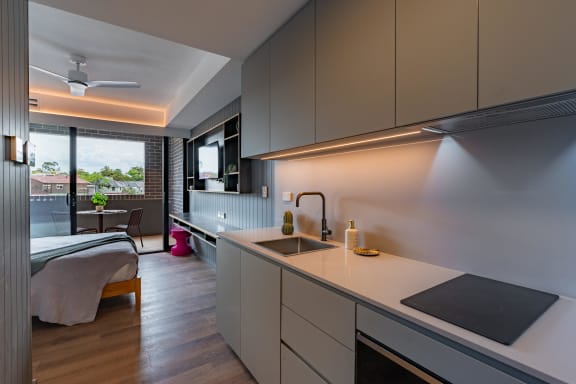 a kitchen with a sink and a bed in a room