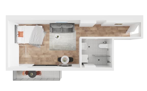 a bedroom with a bathroom and a living room