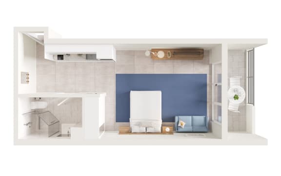 a rendering of a bathroom with a blue accent wall