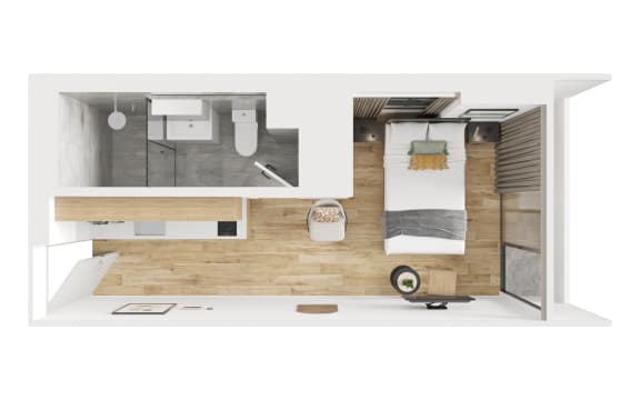 a floor plan of a small apartment with a bedroom and a bathroom