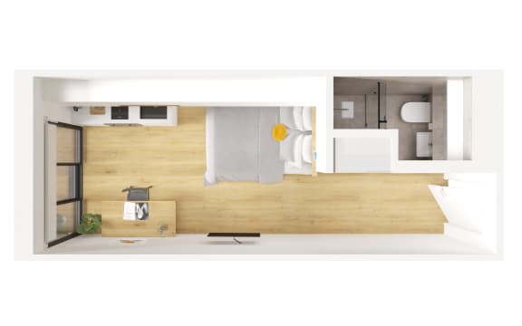 the interior of a small apartment with a bathroom and a bedroom