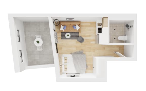 a stylized floor plan of a small apartment with a bathroom and a bedroom