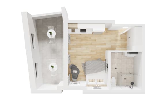 a floor plan of a small apartment with a bedroom and a bathroom