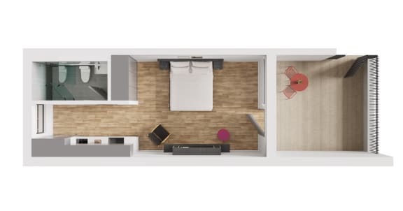 the interior of a studio apartment with a bedroom and a bathroom