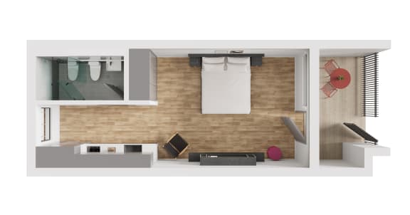 a 3d rendering of a 1 bedroom floor plan with a bathroom and a closet