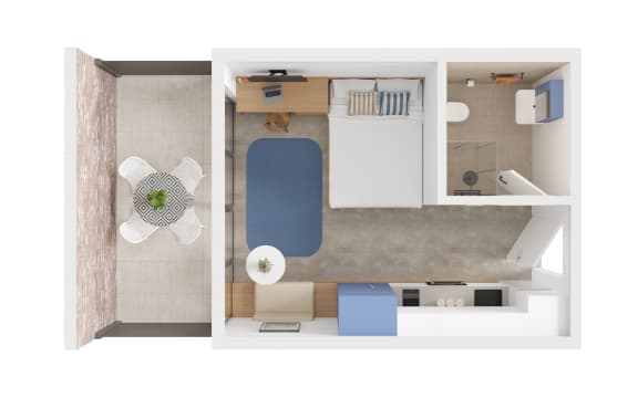 a stylized floor plan of a small apartment with a bedroom and a bathroom