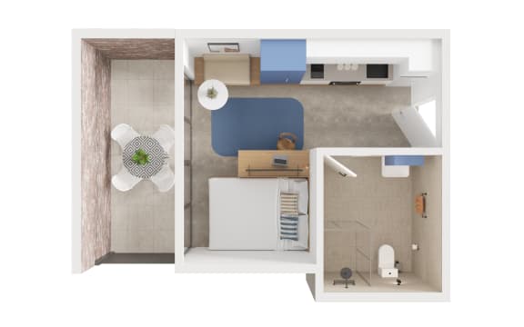 a stylized floor plan of a bedroom with a bathroom and a living room