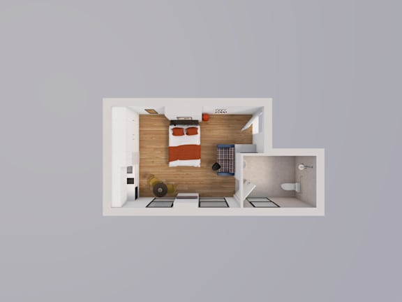 A 3D rendered image of a small apartment layout.