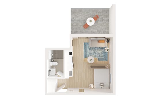 a stylized floor plan of a small apartment with a bathroom