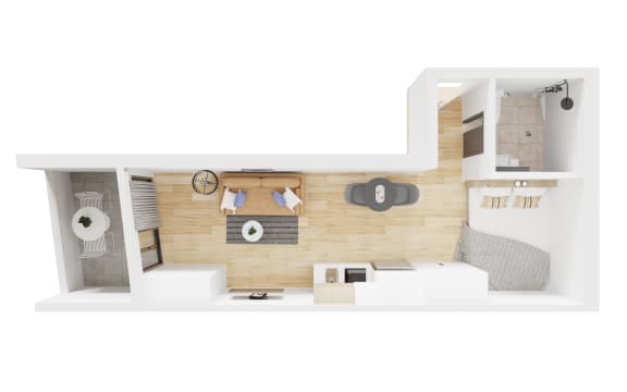 a stylized floor plan of a studio apartment with a bedroom and a bathroom