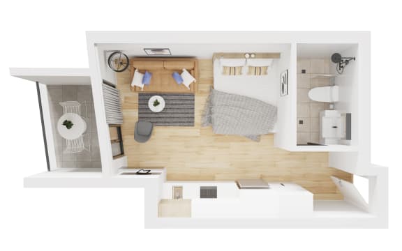 a floor plan of a bedroom with a bed and a bathroom