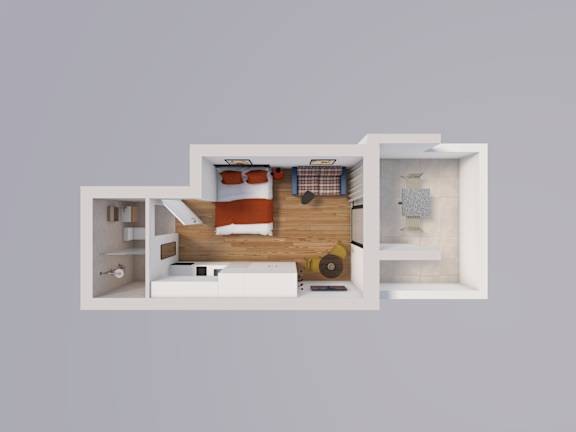 A white model of a bedroom with a bed, nightstand, and chair.