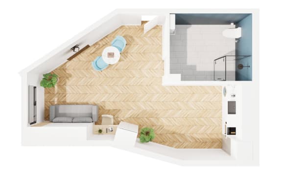 a floor plan of a small apartment with a bathroom and a couch