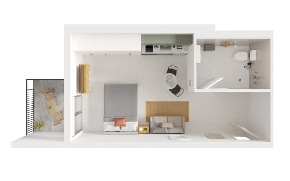 Floor Plan  a stylized floor plan of a studio apartment with a bedroom and living room