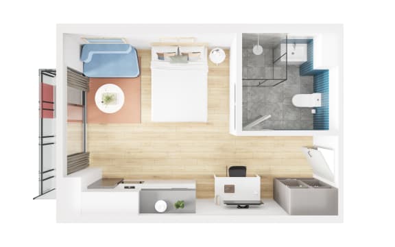 a floor plan of a small apartment with a bedroom and a bathroom