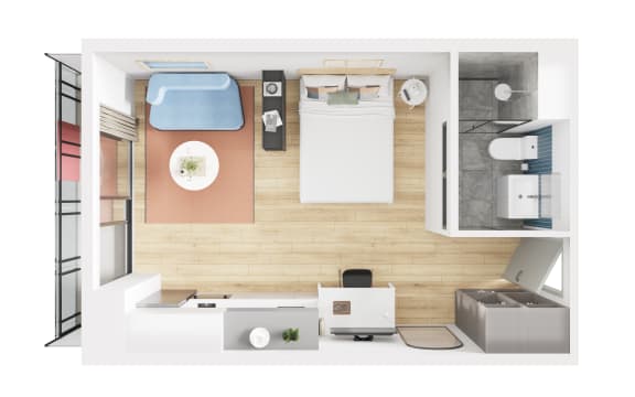 a floor plan of a small apartment with a bedroom and a bathroom