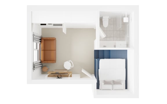 a top view of a bedroom with a bathroom and a closet