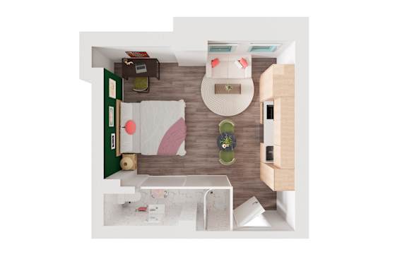 A top-down view of a small, neatly organized bedroom with a bed, desk, and storage.