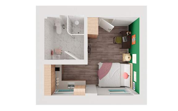 A white bedroom with a bed, nightstand, and a wall-mounted shelf.