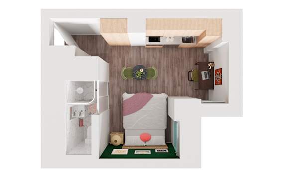 A small bedroom with a bed, nightstand, and a small table.