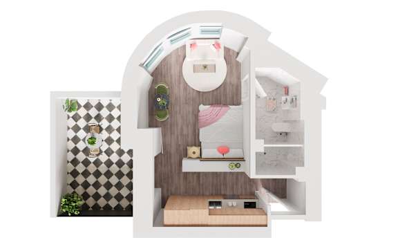 A dollhouse with a white arched doorway and a black and white checkered wallpaper.
